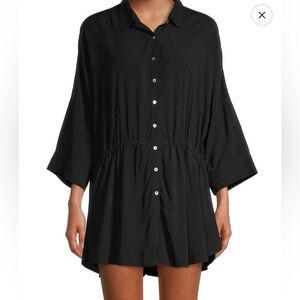 L SPACE Size XS/S Black Pacifica Ruched Mini Tunic Shirt Dress 3/4 Sleeve NWT